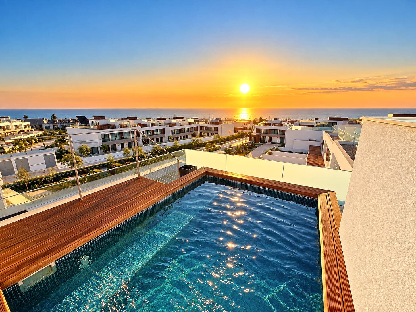 Piscina no terraço com deck de madeira e o sol a pôr-se no mar, para lá dos telhados de Porto Covo
