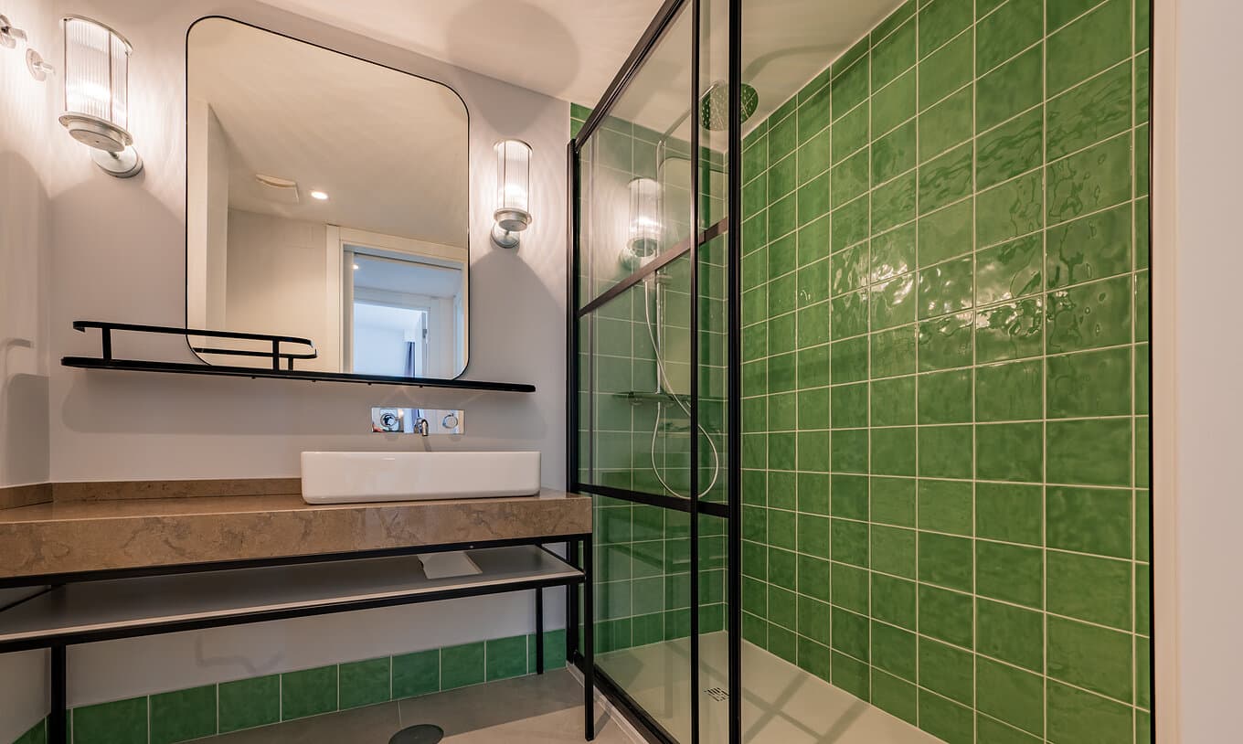 Bright modern bathroom with clean lines and warm tones